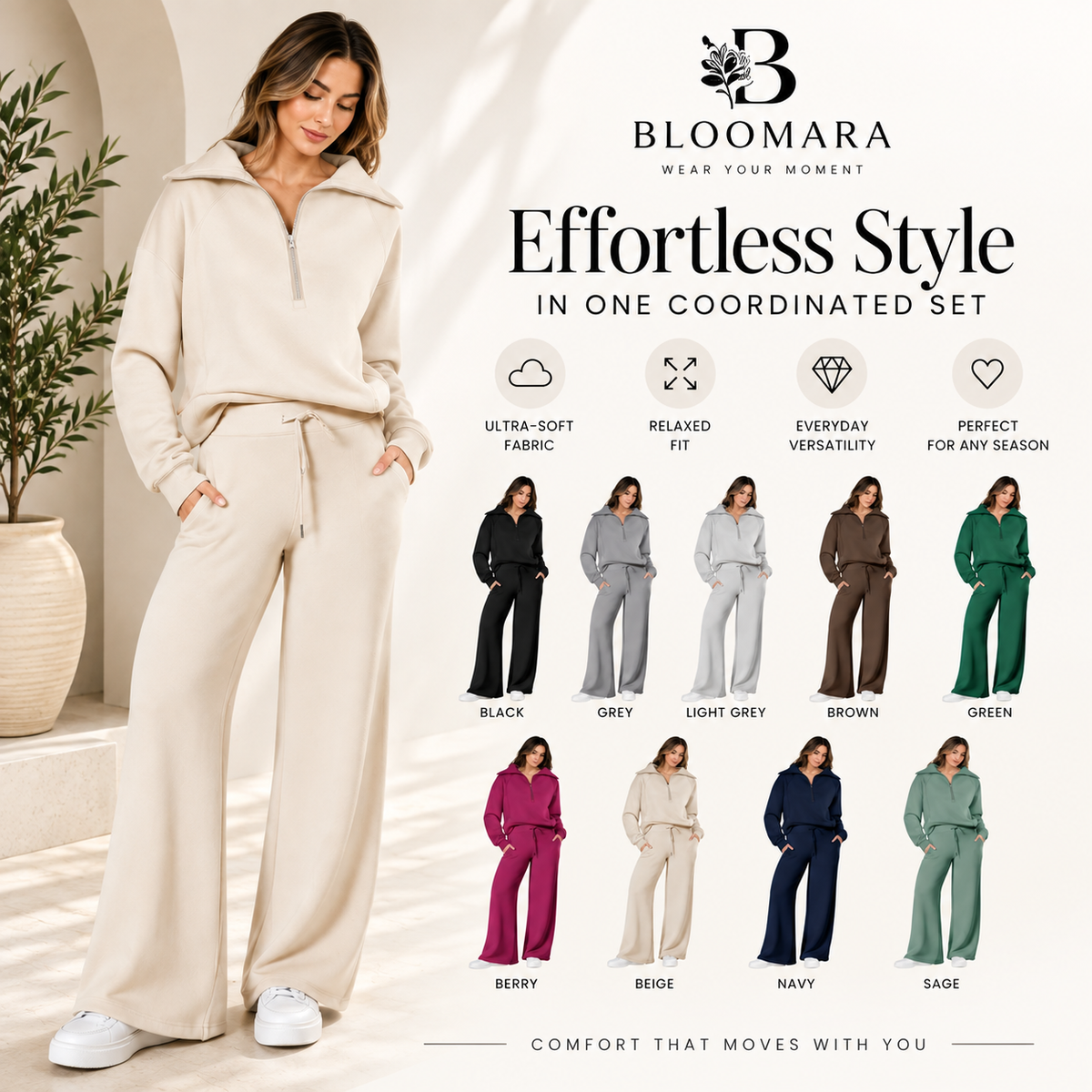 The CloudSoft Set™ – Half-Zip Top & Wide-Leg Pants
